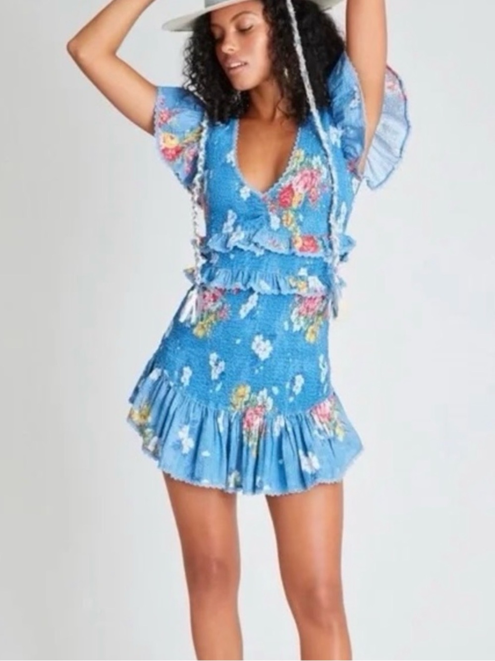 LoveShackFancy Blue Sonora Floral Ruffled Mini Dress